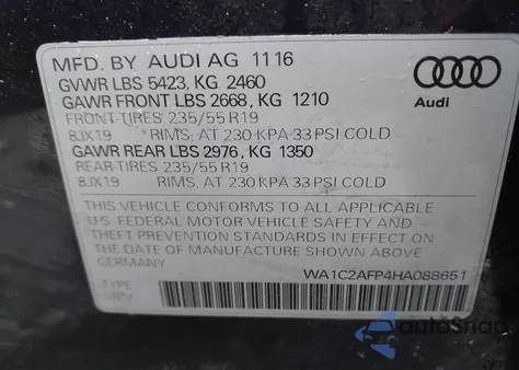 2017 Audi Q5 2.0T Premium z USA, uszkodzony, nr VIN WA1C2AFP4HA088651